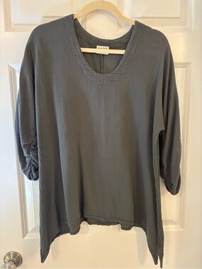 OH MY GAUZE! Lagenlook Cotton sz: 2(Large) Gray Top Ruched 3/4 Sleeves Coastal